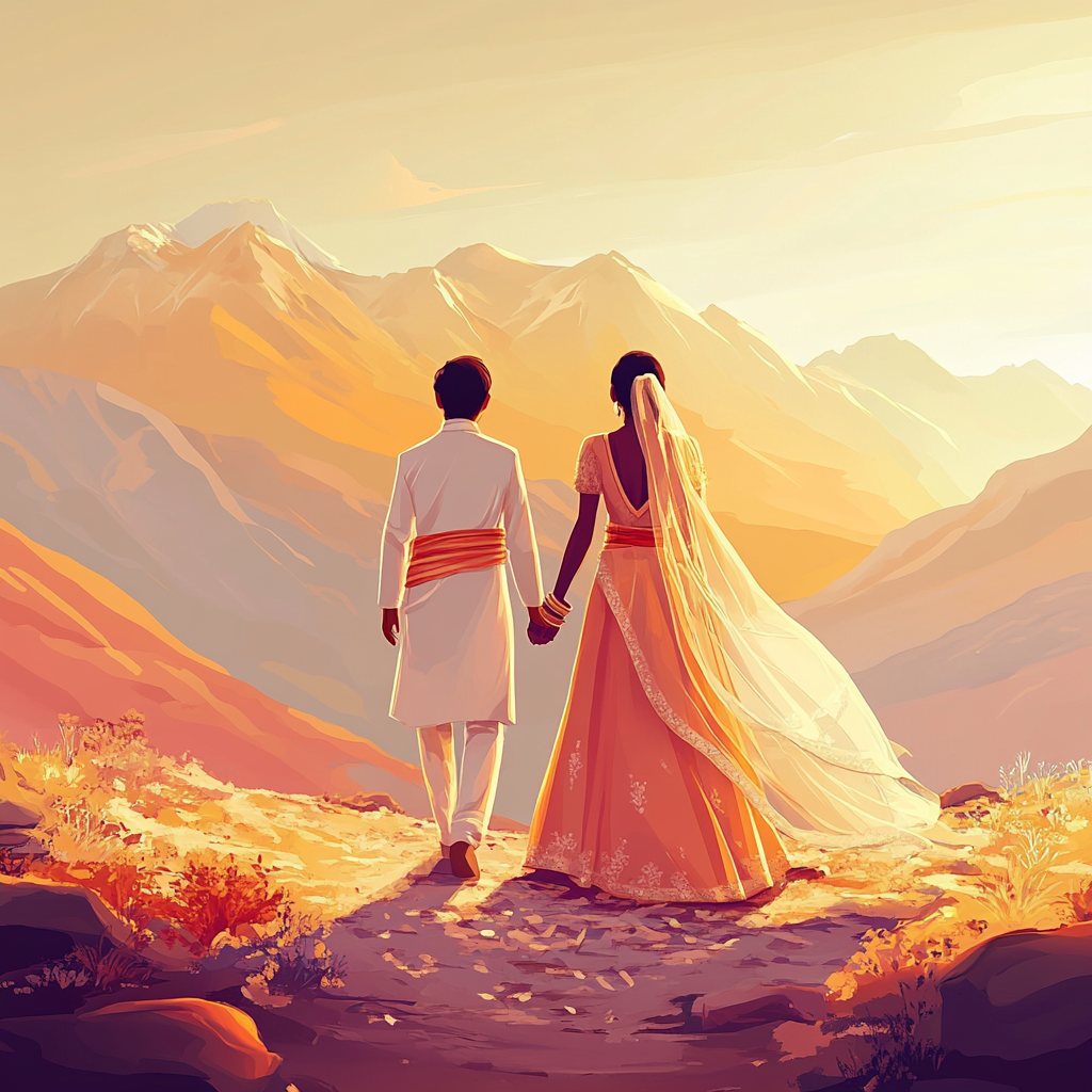 A Disney cartoon Indian wedding couple walking towards sunset