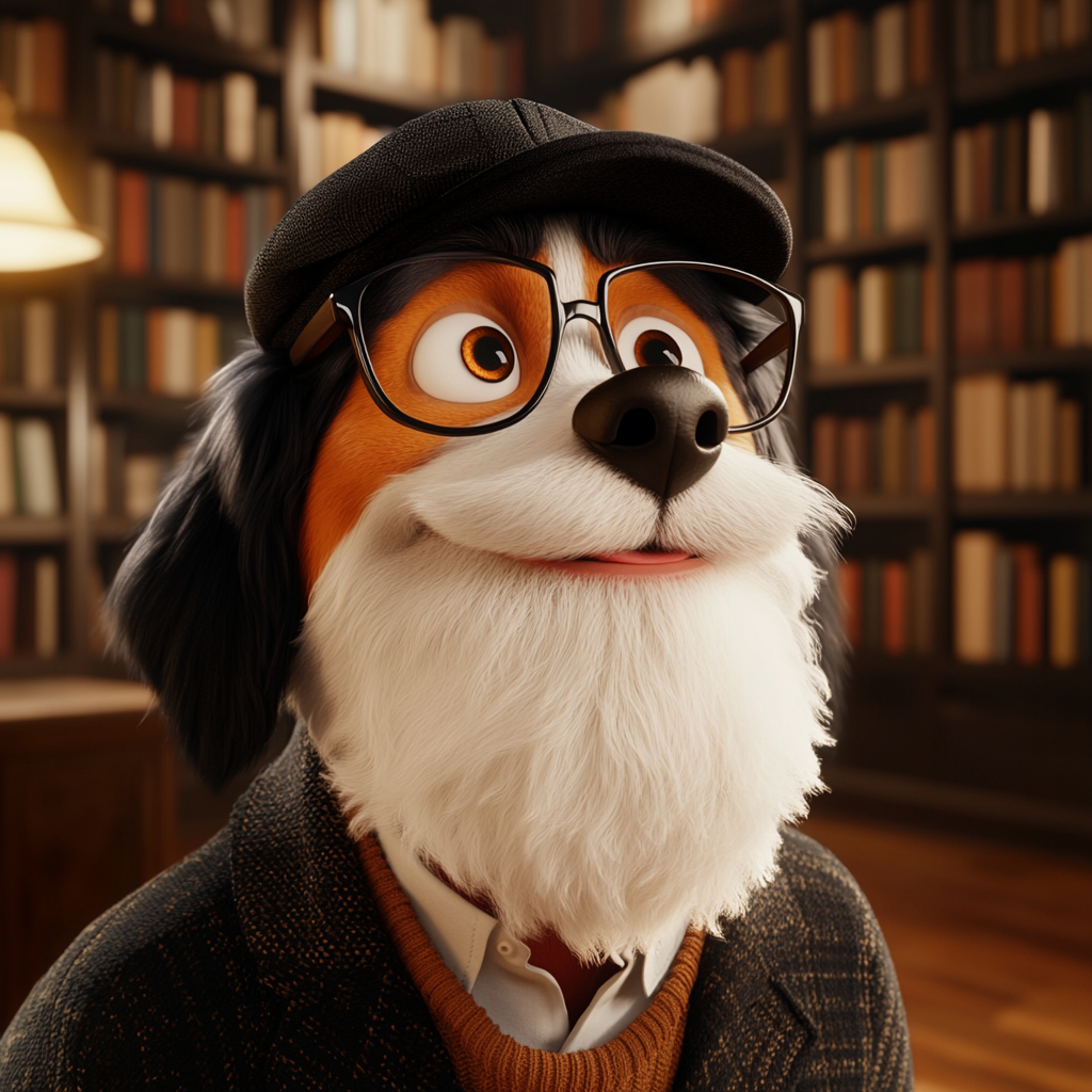 A Disney character portrait in a library setting.