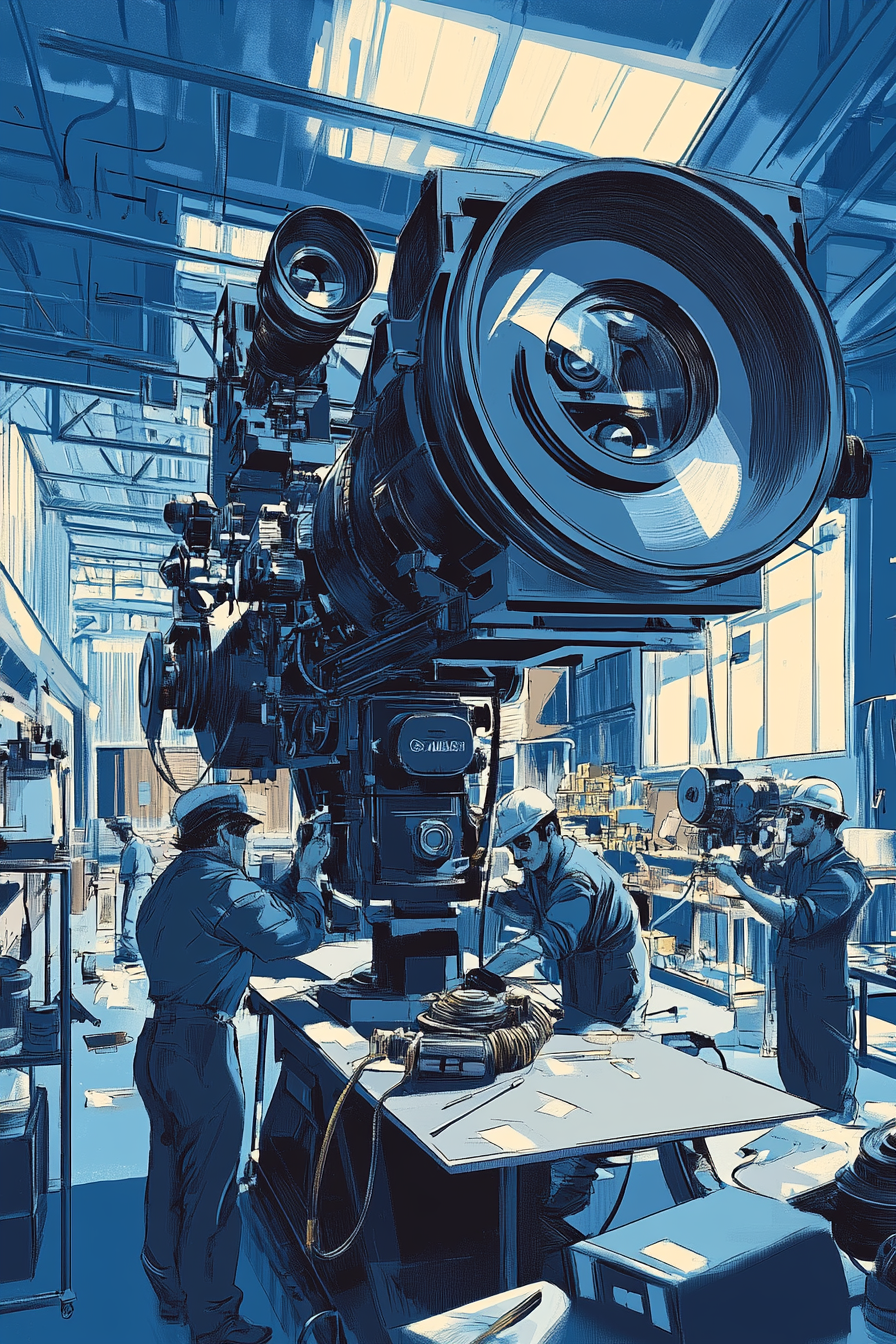 A Diverse Crew of Mechanics Repairing a Cinema Camera