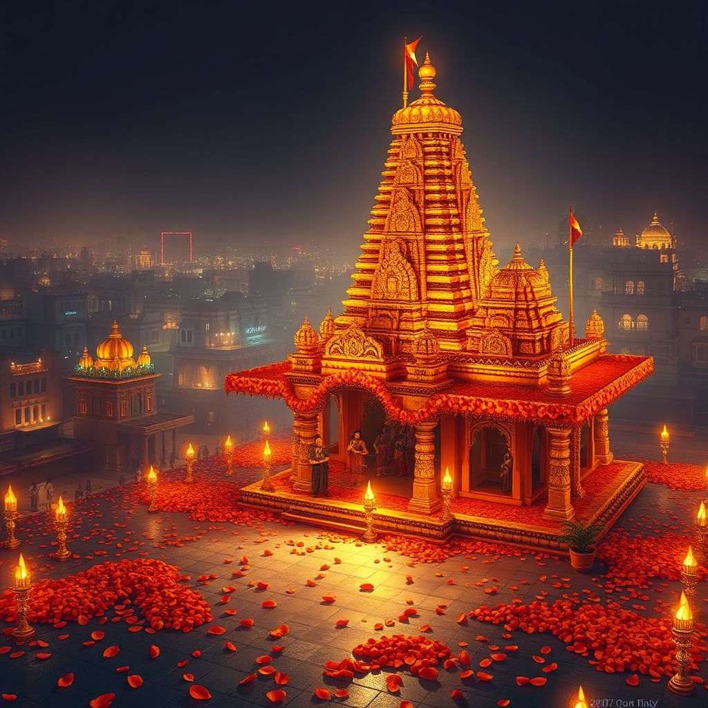 A Diwali Temple with Flowers, Lamps, City Lights.