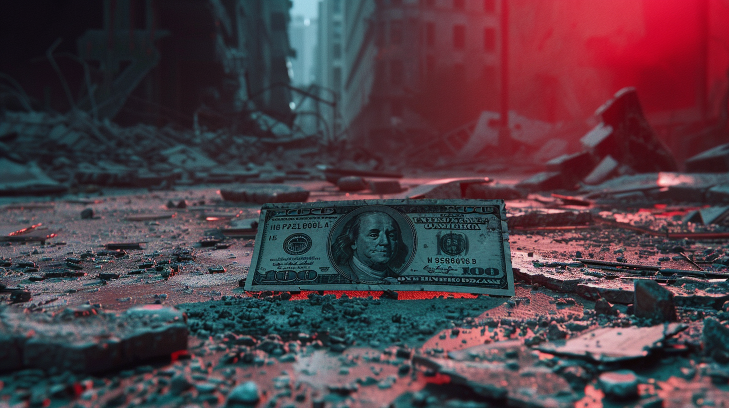 A Dollar Bill with Devil's Face in Ruined City