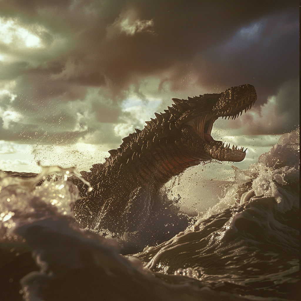 A Dragon Emerging from Sea under Stormy Sky