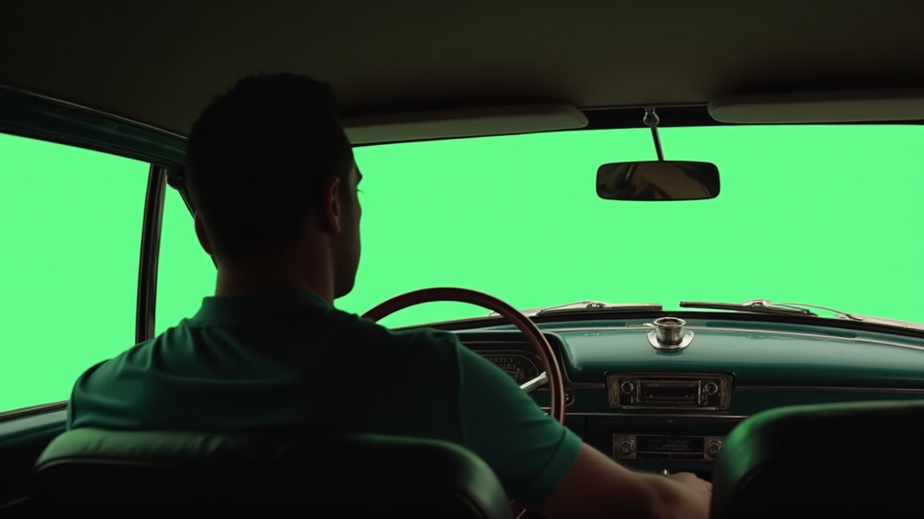 A Driver in old car with green screen windows.