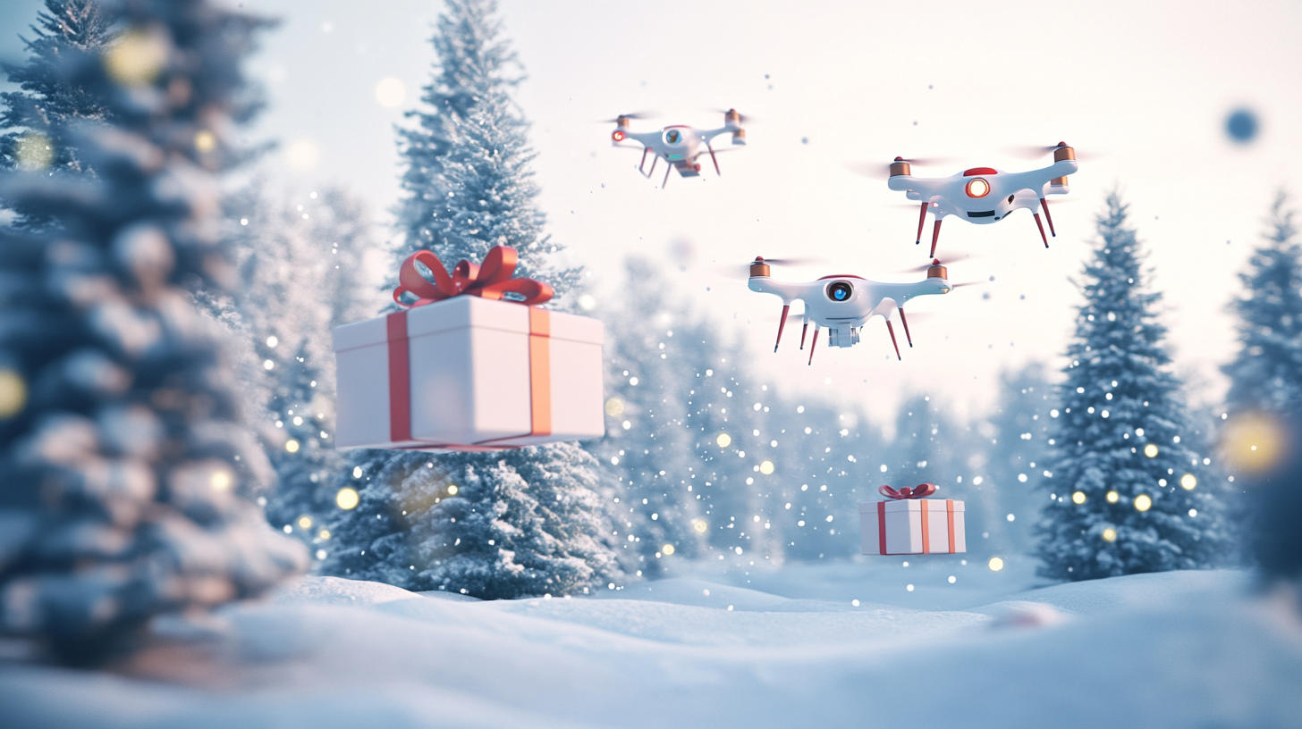 A Drone Delivering Gifts in Magical Winter Town