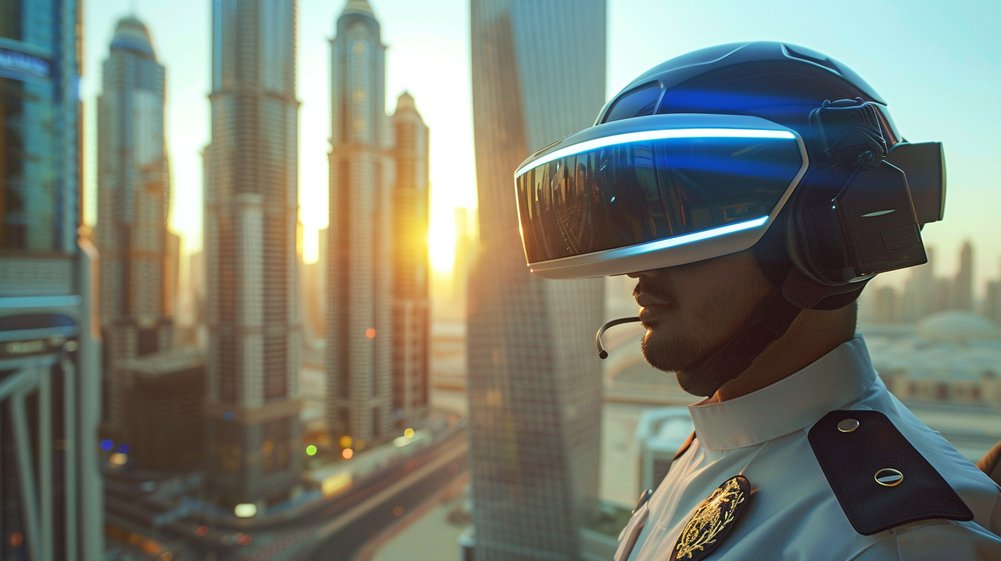 A Dubai police officer wears VR headset