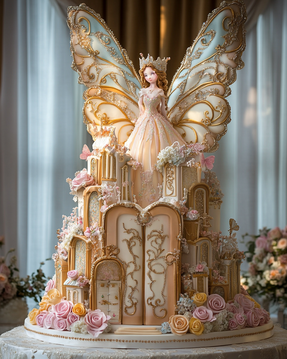 A Enormous Wedding Cake with Fairy and Jewels