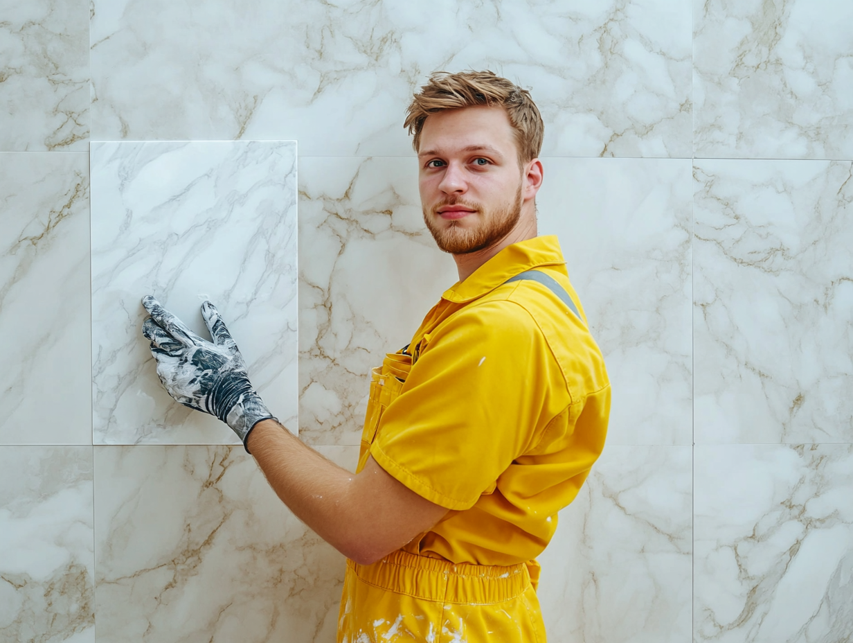 A European builder in yellow glues marble panel