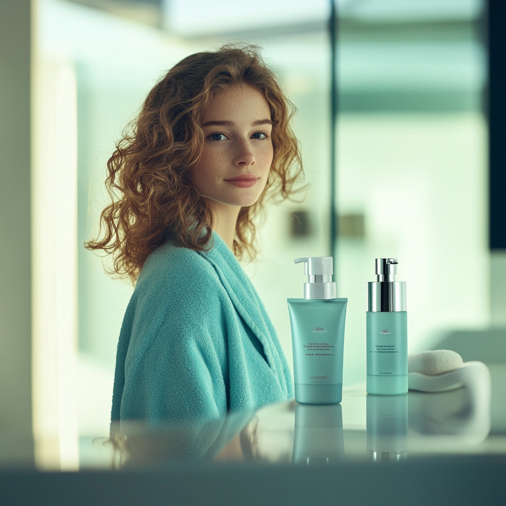 A European girl in modern bathroom with products.