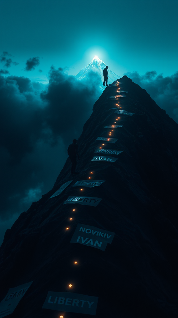 A Faceless Figure Climbing Neon-lit Mountain of Challenges