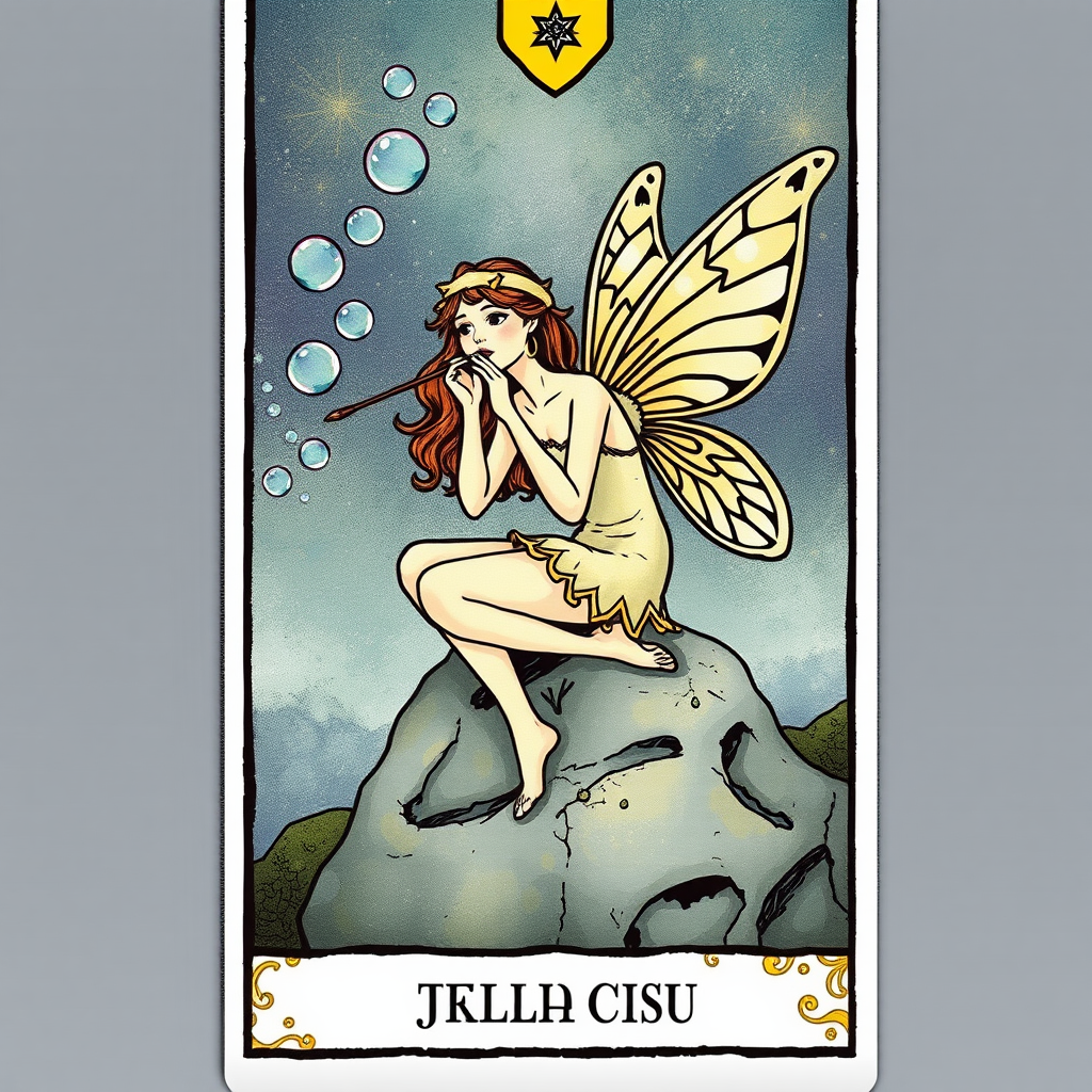 A Fairy Blowing Bubbles on Rock Tarot Card