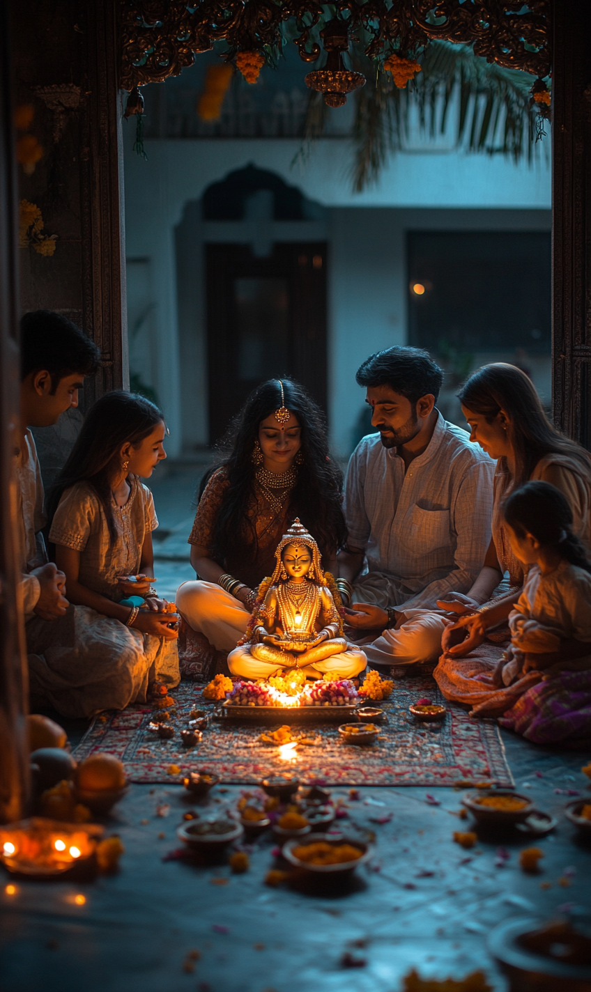 A Family Celebrates Diwali Puja with Goddess