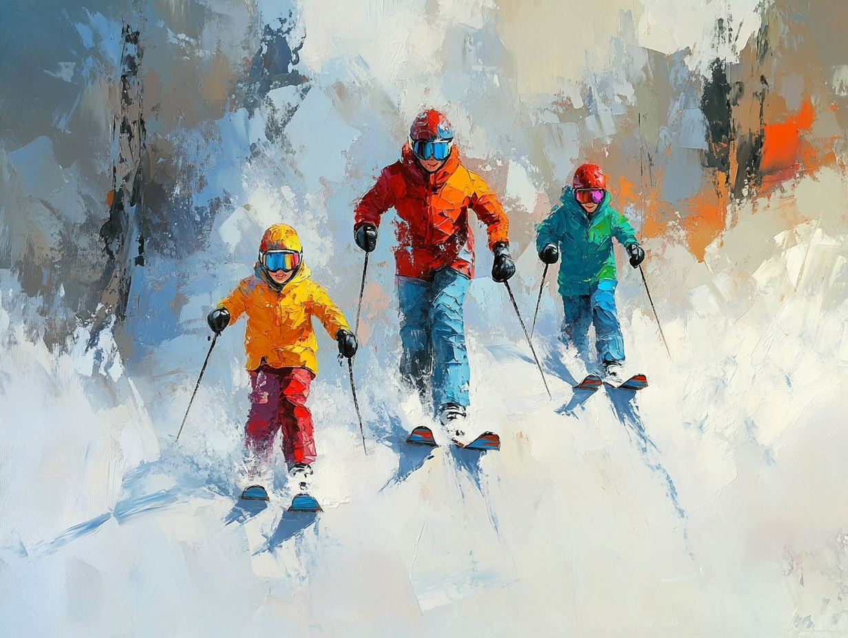 A Family Skiing Together in Abstract Style