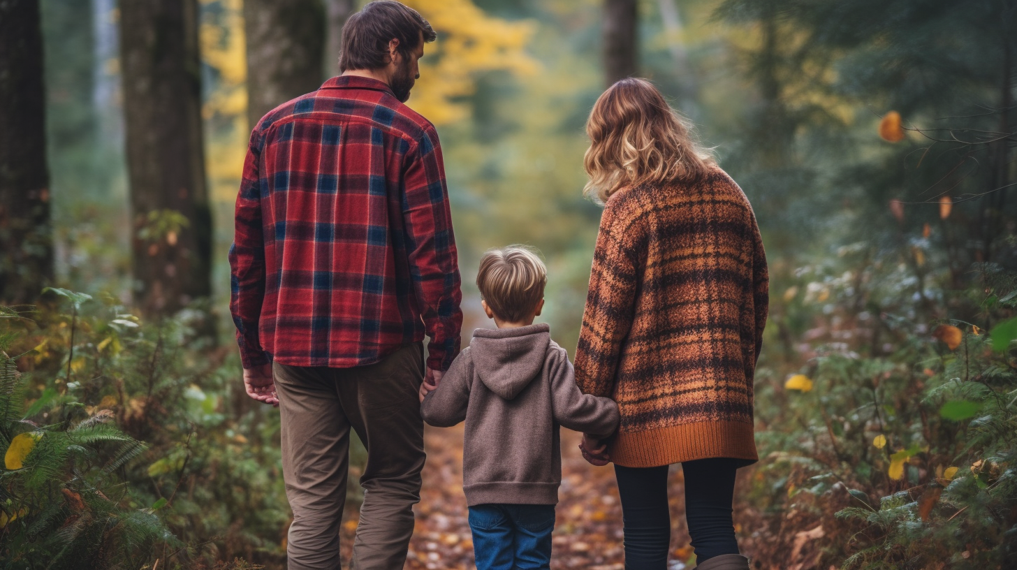 A Family in Forest: Parents, Child in Nature