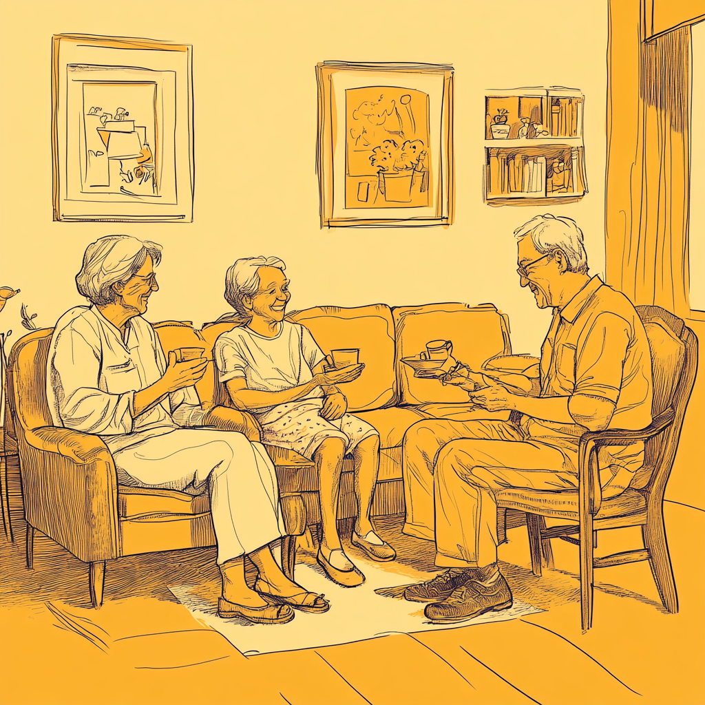 A Family of Four Talking on Mustard Sofa