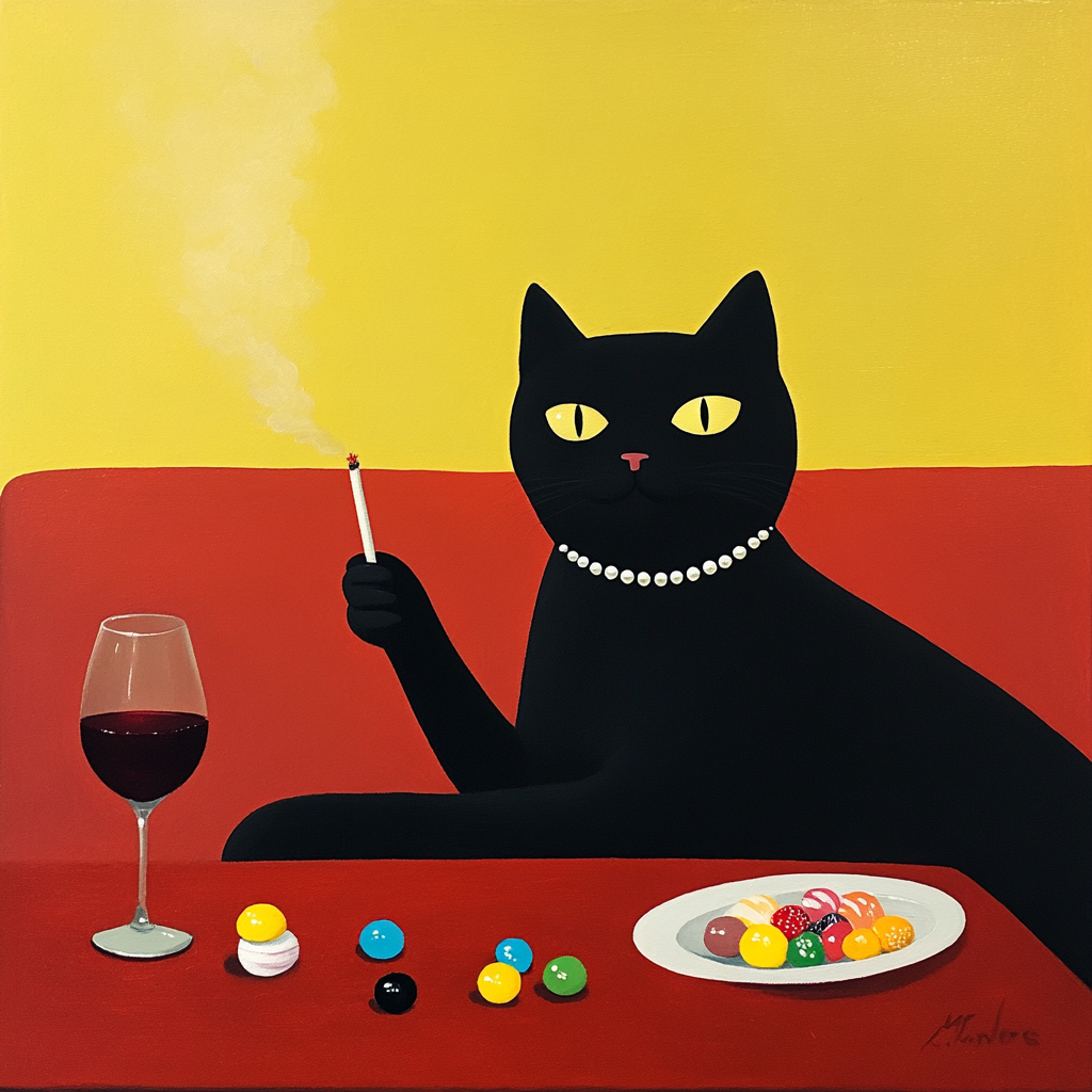 A Fancy Cat Relaxing with Wine and Candy.