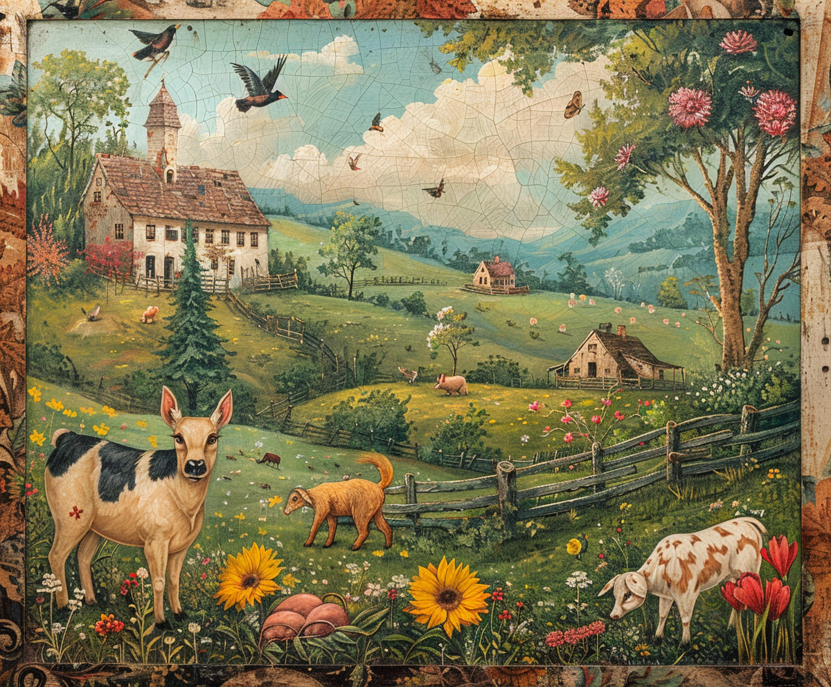 A Farmyard Painting with Animals in Naive Style