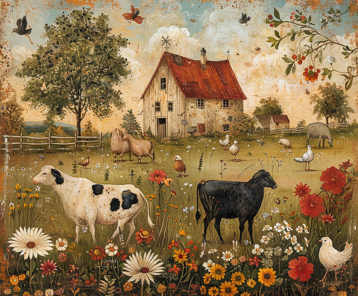 A Farmyard with Animals in a Naïve Style