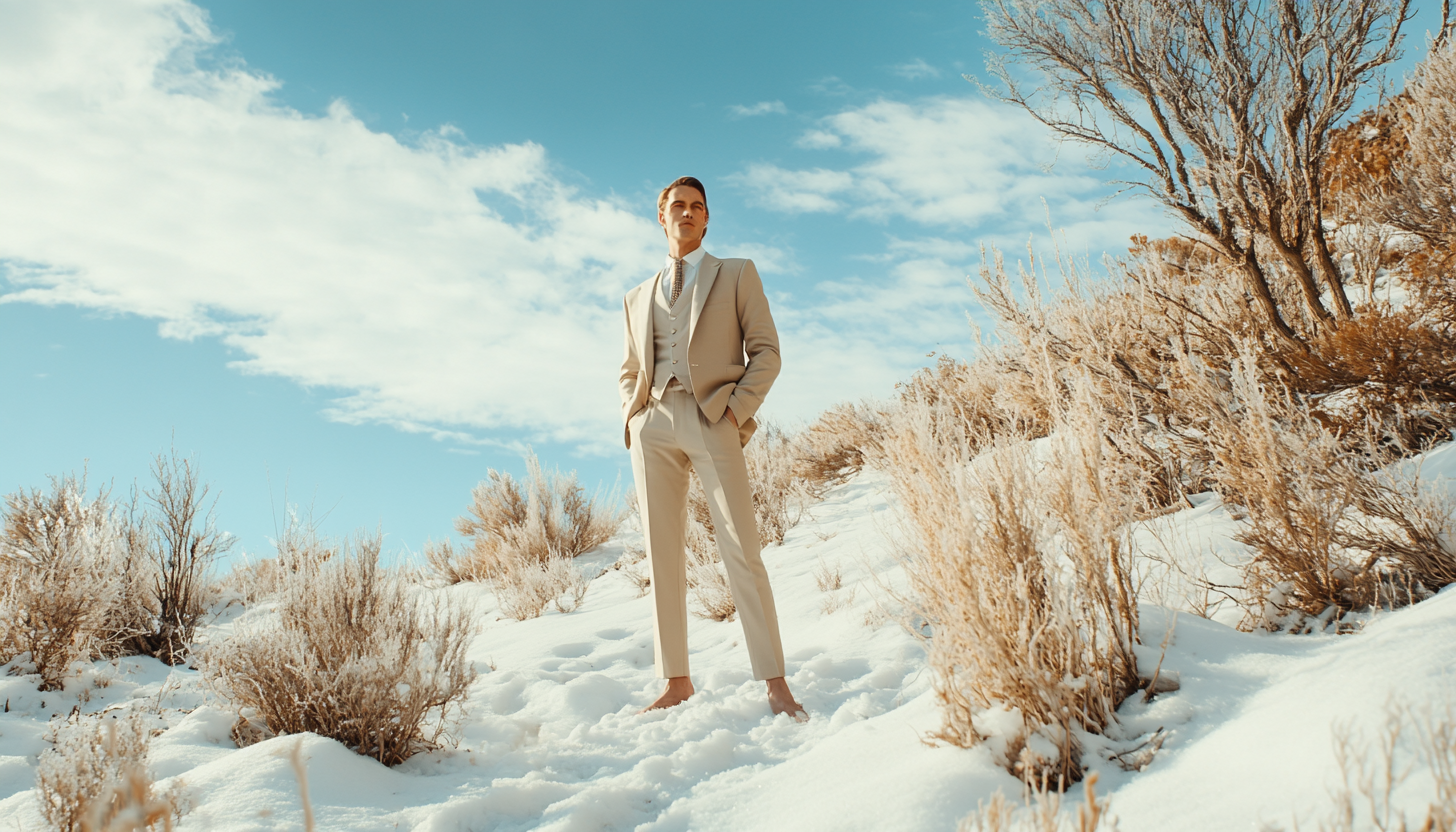 A Fashionable Lawyer Stands in Snowy Landscape