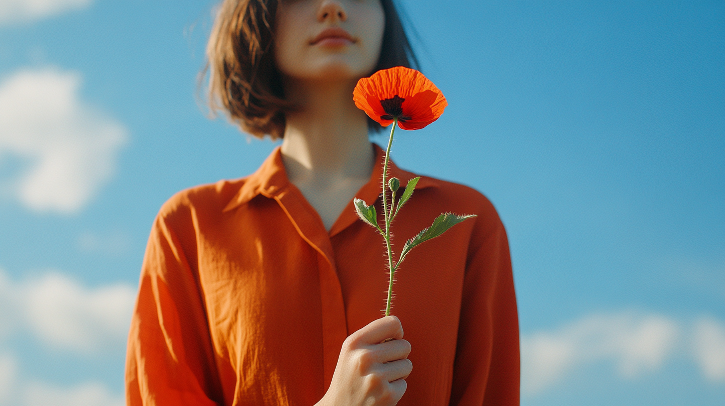 A Fashionable Woman Holding Poppy Flower Under Sky