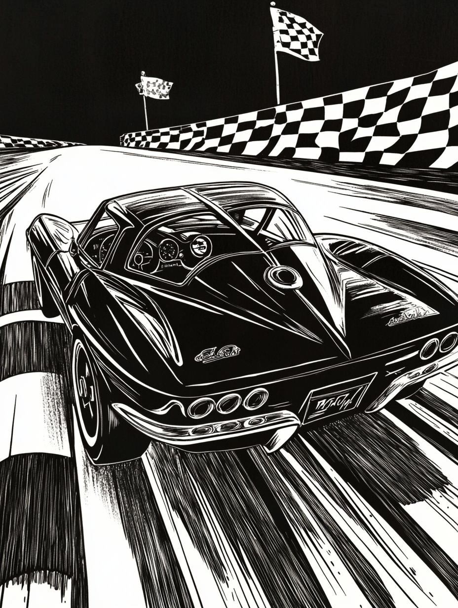 A Fast Corvette Racing in Classic Woodcut Style