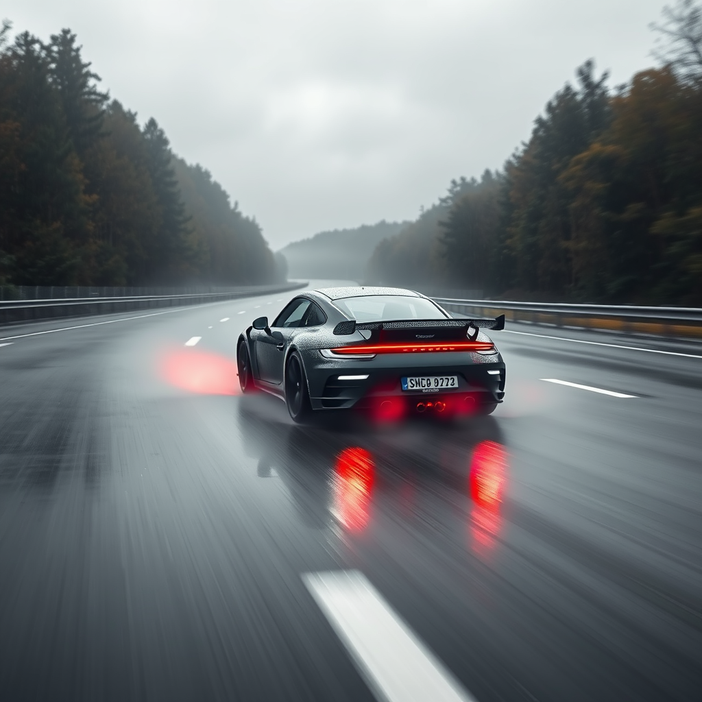 A Fast Porsche 911 Drifting in Rainy Highway