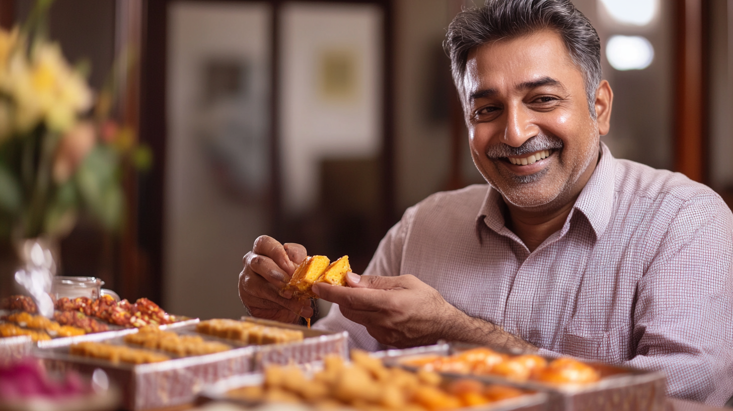 A Father Enjoying Indian Sweets at Home