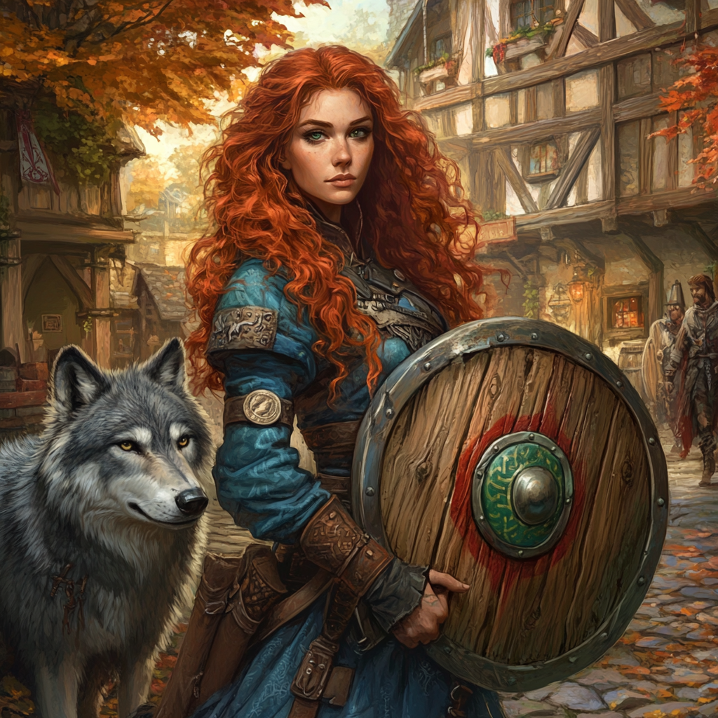 A Female Druid with Red Hair and Wolf