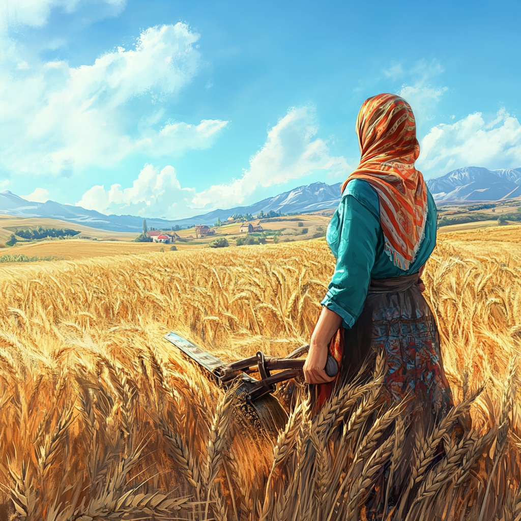 A Female Farmer in Vibrant Outfit Harvests Wheat.