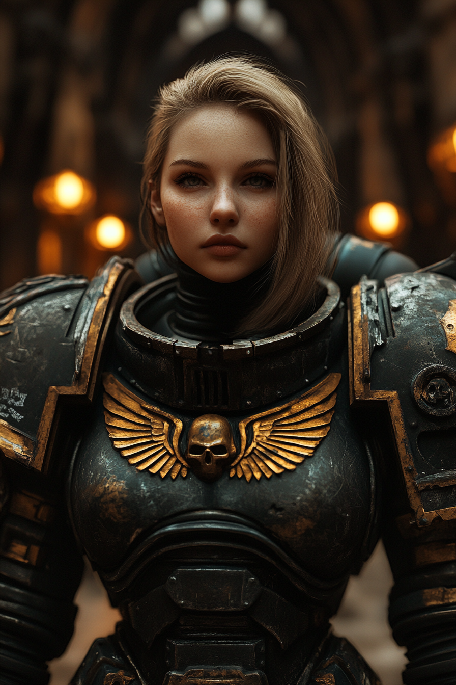 A Female Soldier in Power Armor in Dark Cathedral