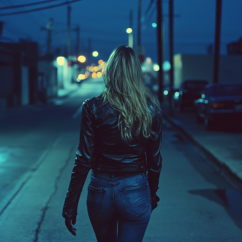 A Female Walking Alone on Chicago Street at Night