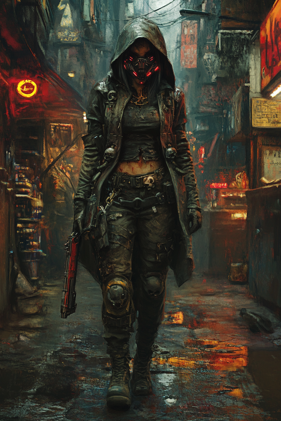 A Female Warhammer 40K Hive Ganger in Street Clothes.