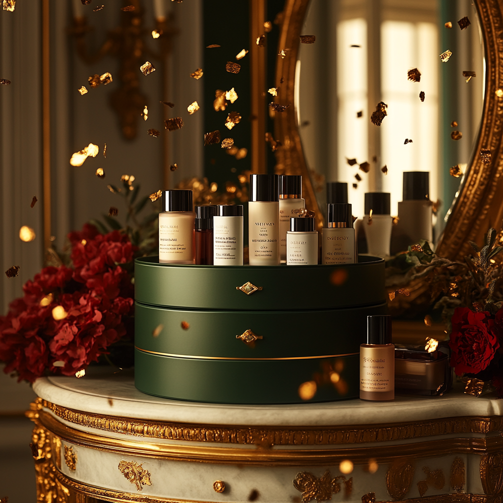 A Festive Beauty Product Display in Gold Room