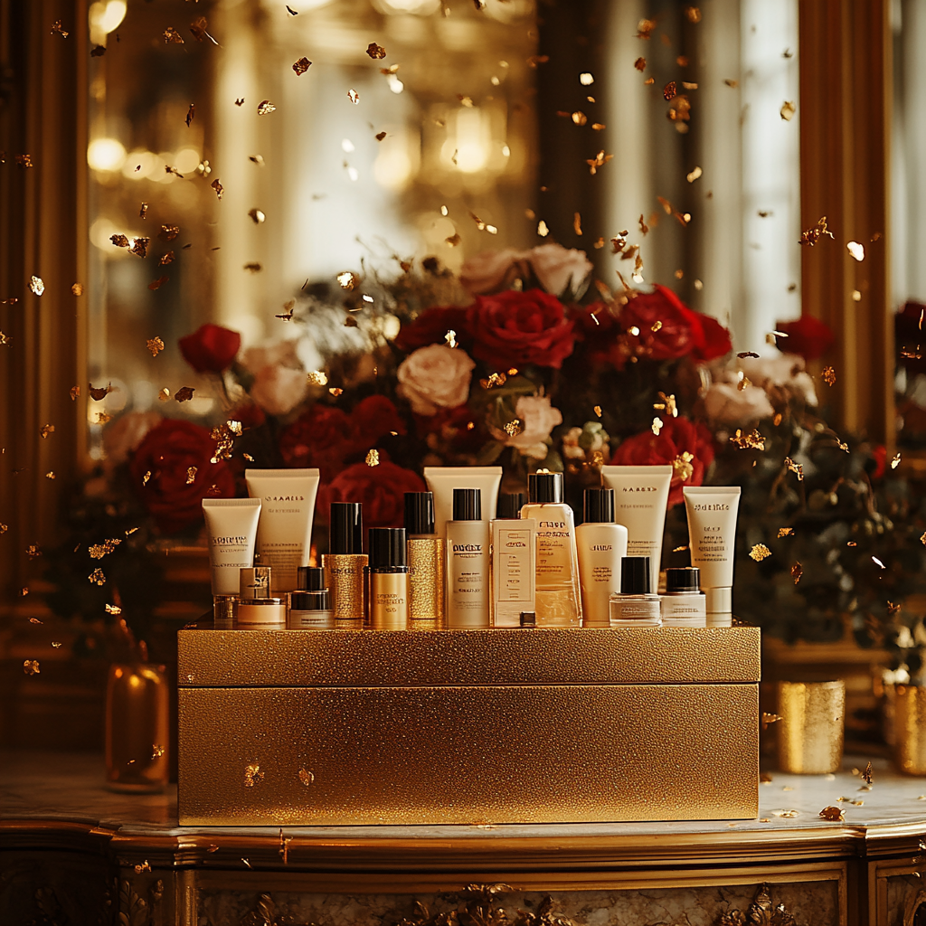 A Festive Beauty Product Showcase in Gold Room