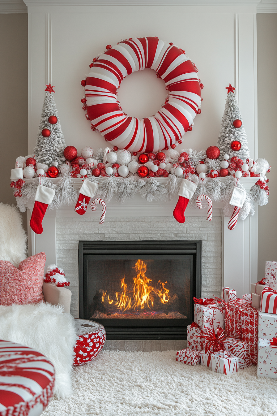 A Festive Candy Cane Fireplace Mantle Display