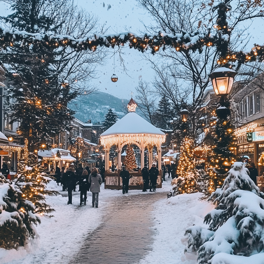 A Festive Christmas Town Square with Sparkly Decorations