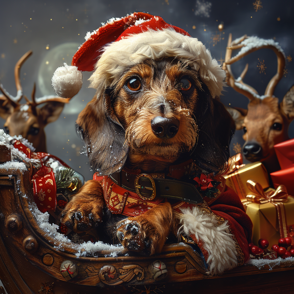 A Festive Dachshund in Santa Sleigh Scene