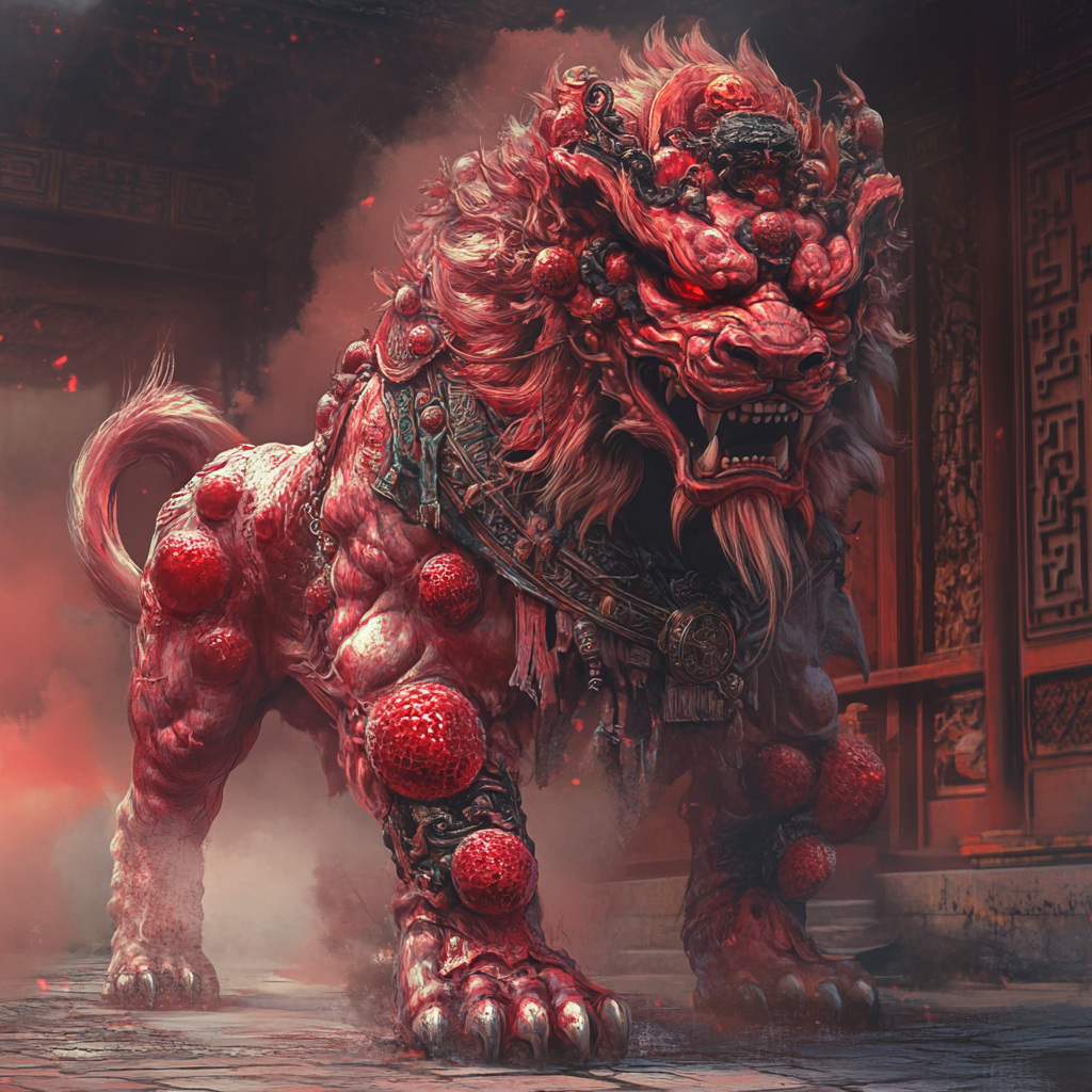 A Fierce Chinese Lion with Red Insectoids Curse