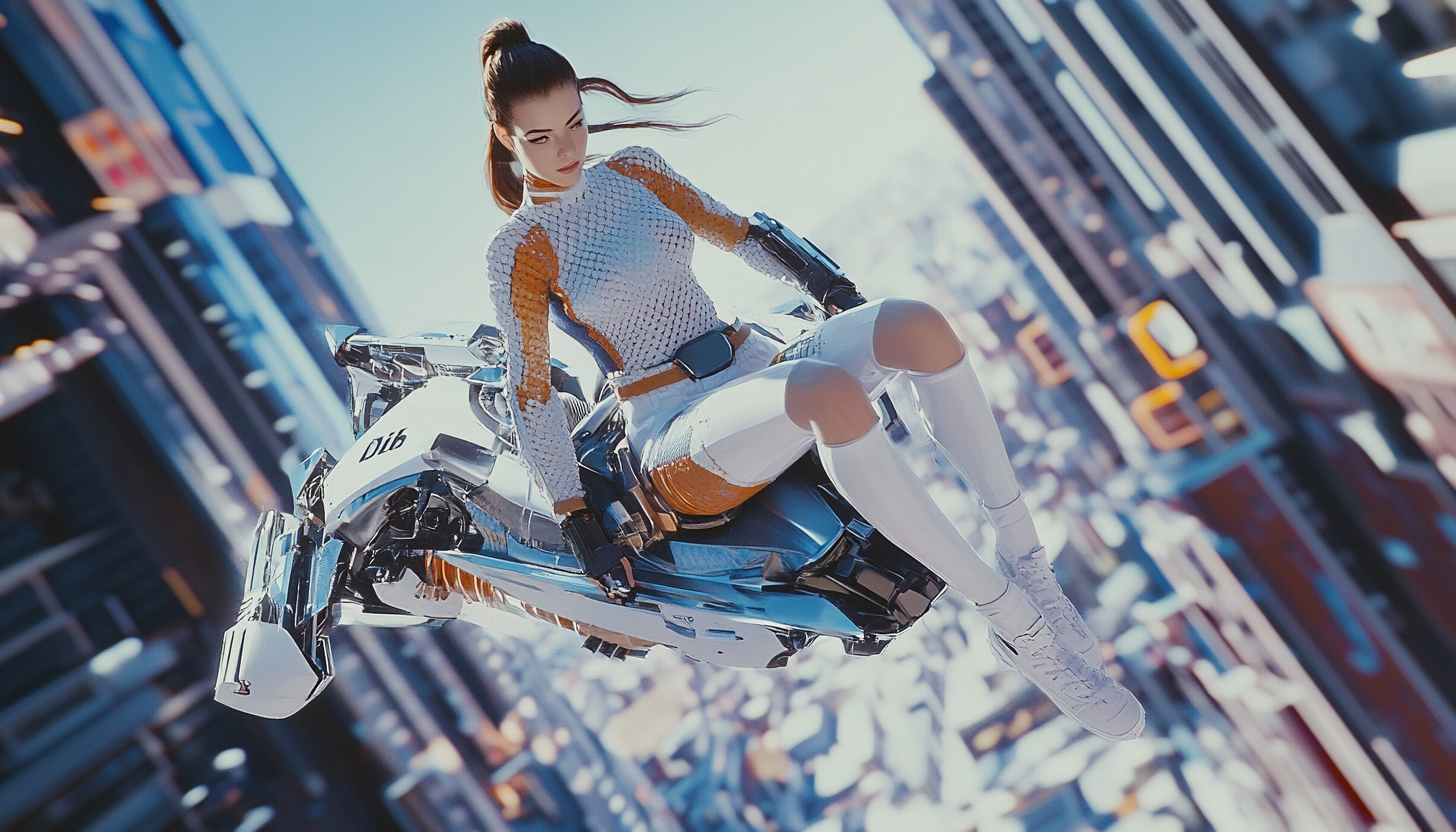 A Fierce Woman Riding Futuristic Bike in City