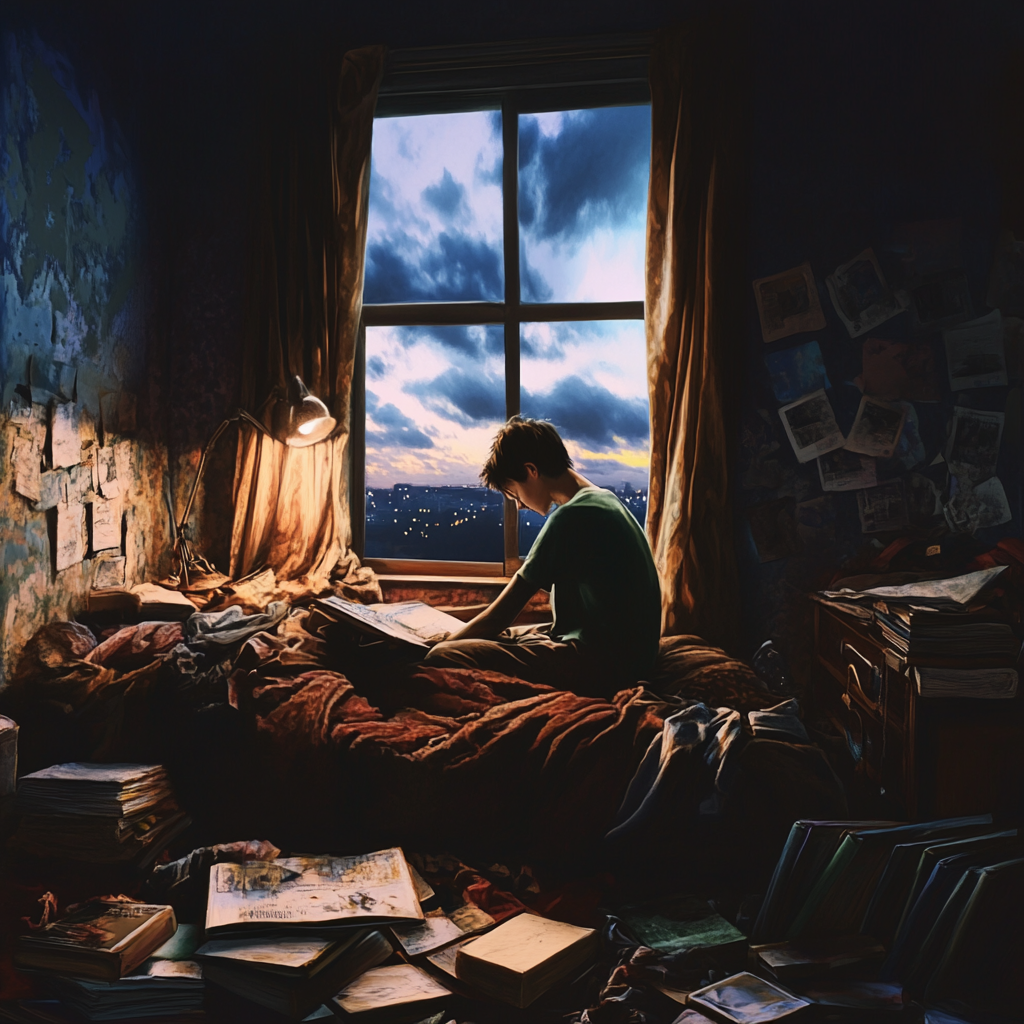 A Figure Sits on Bed Surrounded by Books