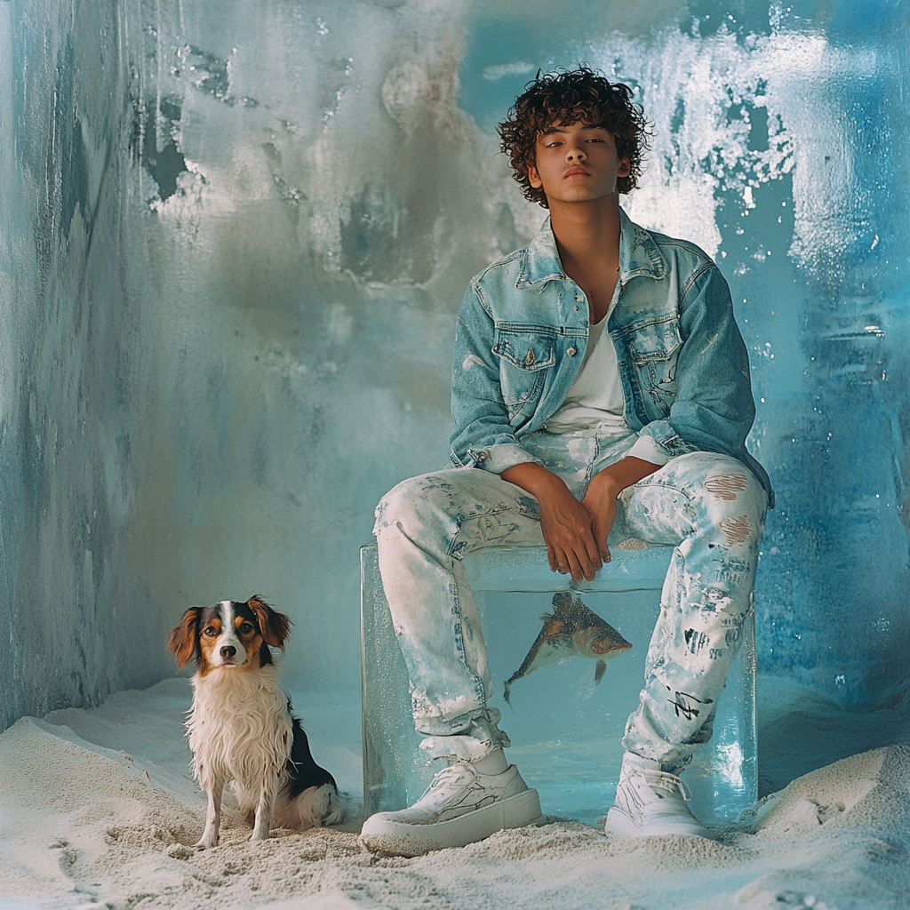 A Filipino-American boy in denim on beach with dog