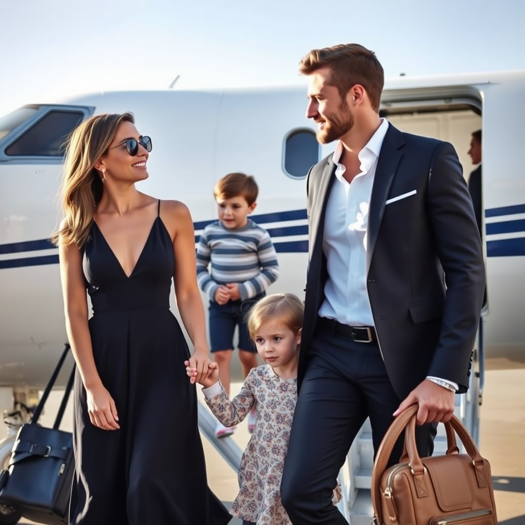 A Fit Family Exiting a Private Jet