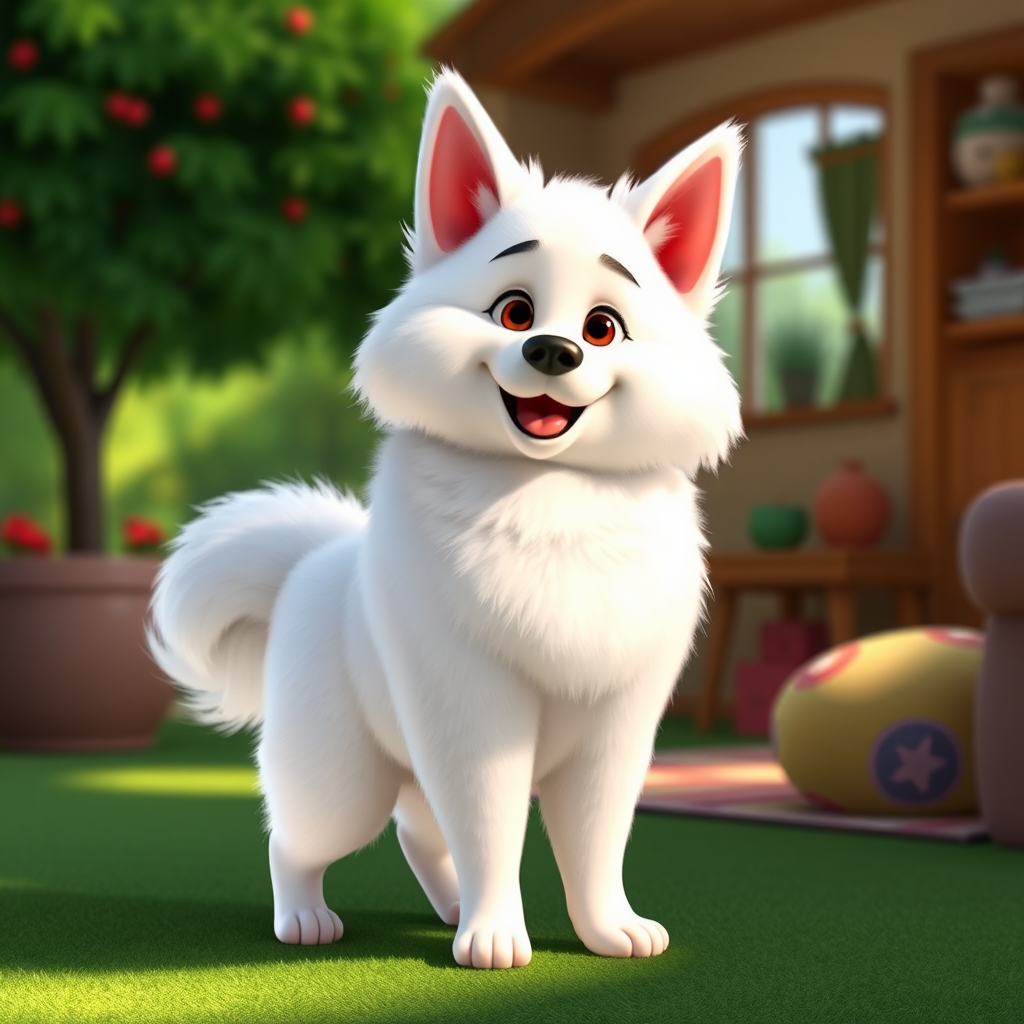 A Fluffy American Eskimo Dog in Pixar Style