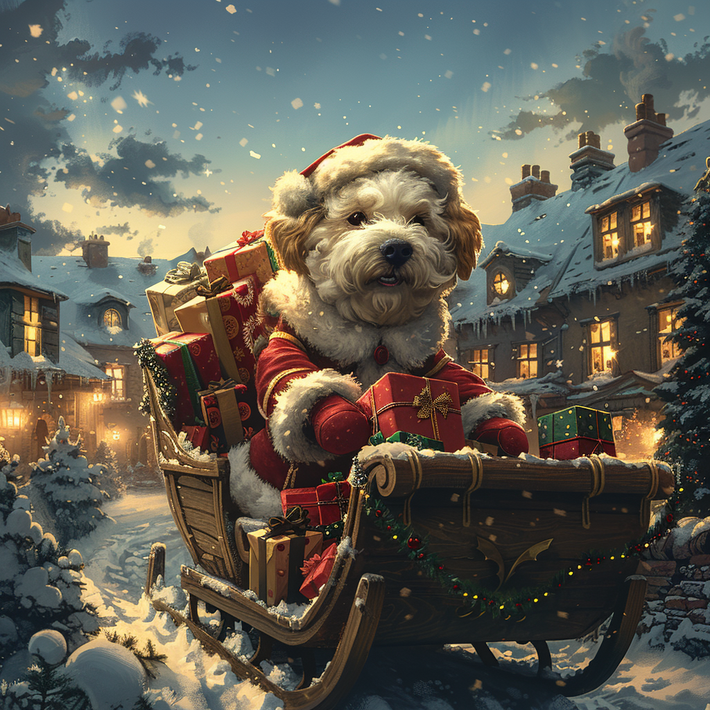 A Fluffy Santa Dog in Festive Winter Wonderland