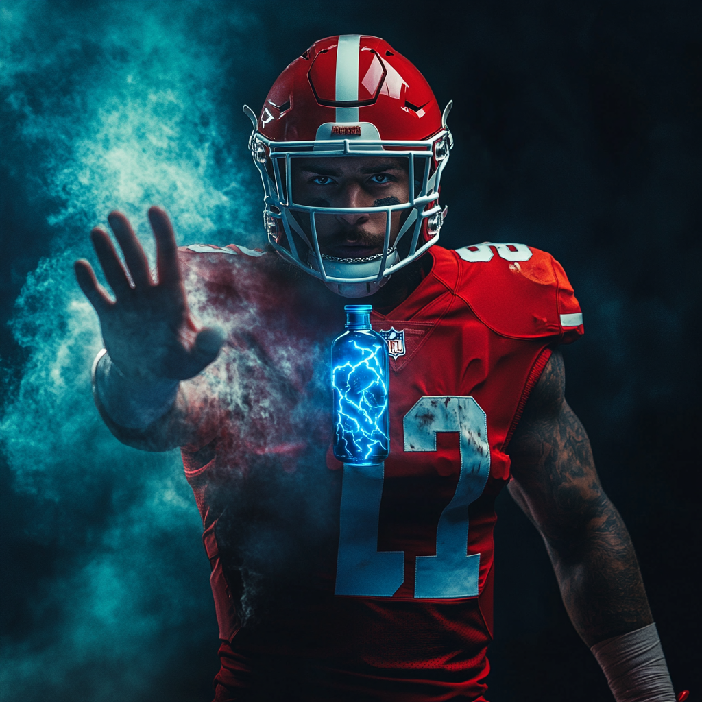 A Football player holds blue lightning in epic photo.