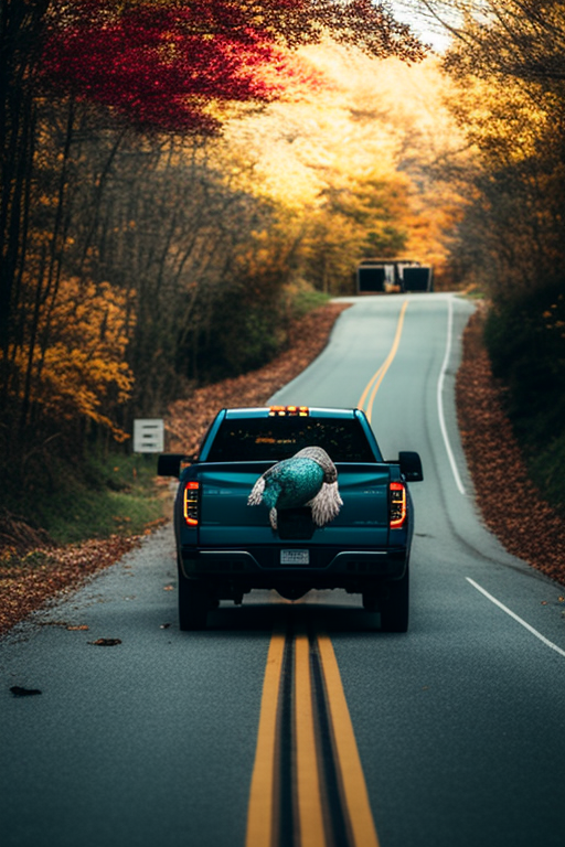 A Ford truck carrying a giant Thanksgiving turkey.