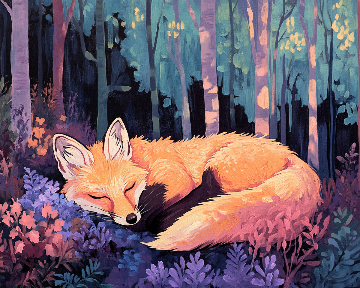 A Fox Resting in Moody Forest: Acrylic Painting