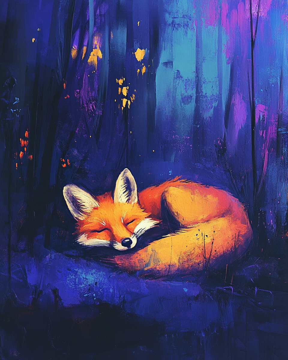 Acrylic Painting of a Fox Resting in Forest