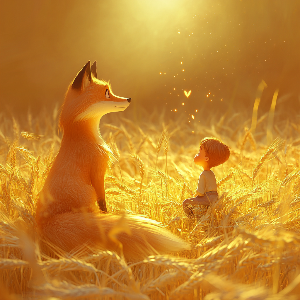 A Fox and Little Prince in glowing wheat field.