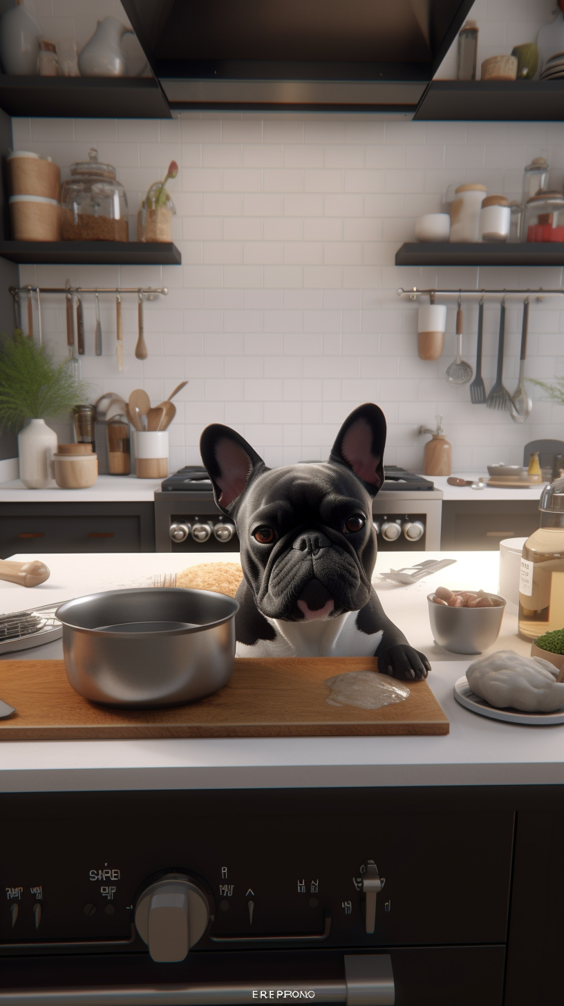 A French Bulldog Chef Cooking in Fancy Kitchen.