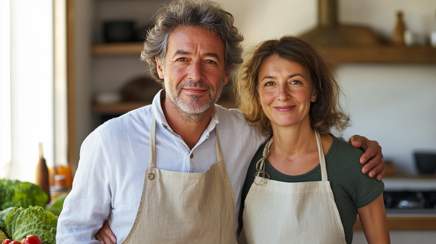 A French Couple Cooking Together in Bright Kitchen